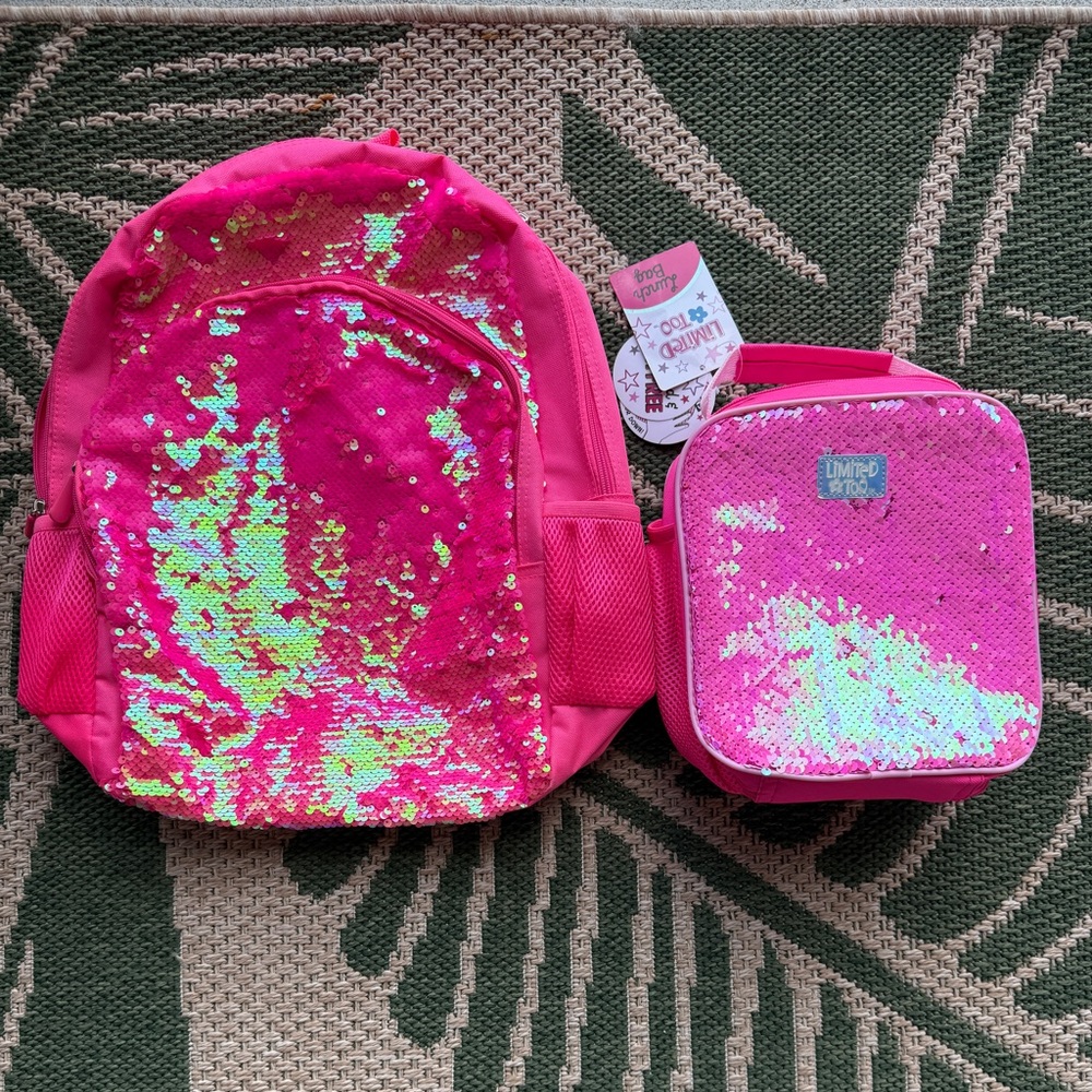 💖Super sparkly 💫 duo hot pink backpack NWOT and NWT Limited Too lunch bag